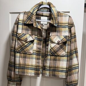 Bagatelle Women's Plaid Utility Jacket - Brown, Cream, and Yellow